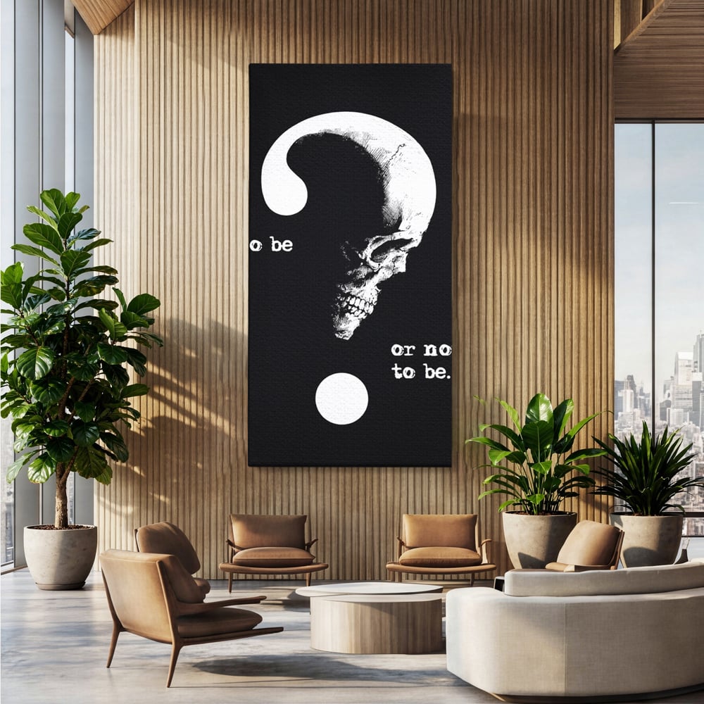 Tablou canvas cu tablou canvas cu craniu si semnul intrebarii, fara rama, pe sasiu de lemn, pe perete intr-un birou